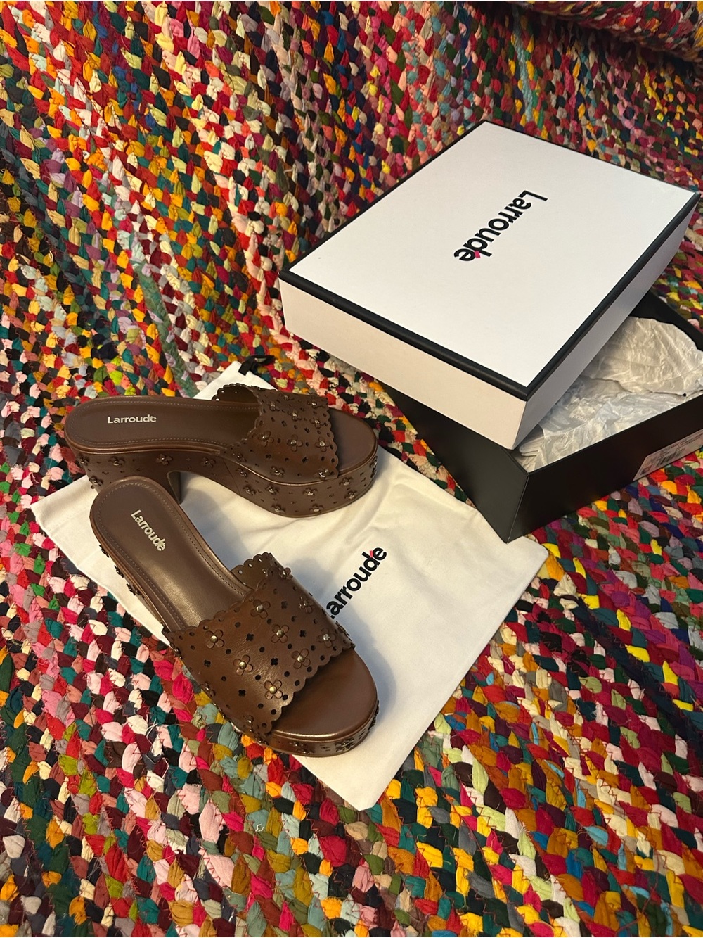 Larroude Brown Floral Cutout Platform Mules